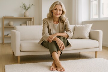 Obraz premium Portrait of a middle-aged woman sitting on a beige sofa