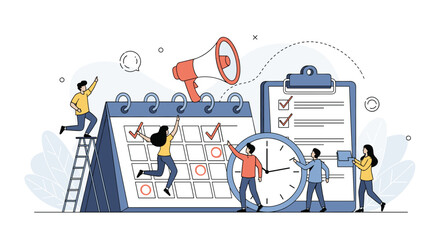 Teamwork and effective planning to achieve business goals and deadlines on time with calendar and clock illustrations