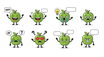 Expressive green apple characters demonstrating a wide range of emotions through fun cartoon illustrations