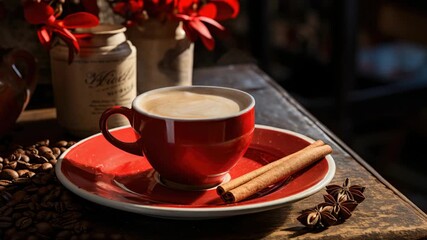 Enjoying a warm cup of coffee in a cozy setting with aromatic spices and roasted beans