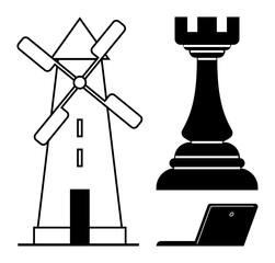 Black-and-white windmill, chess rook, and laptop symbolize history, strategy, and innovation. Ideal for sustainability, digital transformation, problem-solving, education teamwork tradition modern