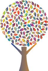 Abstract tree illustration with colorful leaves.