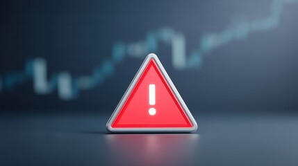 A caution sign in red triangle shape against a blurred background with a rising graph, indicating alertness or warning.
