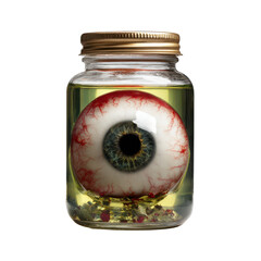 Creepy halloween eyeball preserved in glass jar with liquid