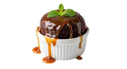 Delicious sticky date pudding with caramel sauce and mint garnish isolated on transparent background, a tempting dessert for any occasion