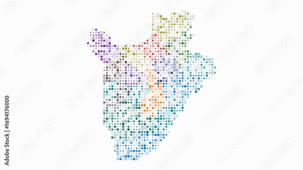 Poster burundi map animation. shape of the country with pulsating colored dots. small size square blocks. d