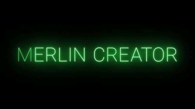 Flickering neon green merlin creator sign animated on black background.
