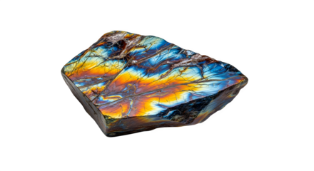 A piece of iridescent labradorite stone displaying a spectrum of colors, isolated on transparent background, showcasing its unique optical phenomenon