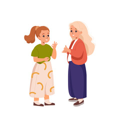 Deaf and mute kids communicate in sign language. Deaf and mute children girls cartoon character using sign languages flat vector isolated illustration. World day deaf.  Children with disability.
