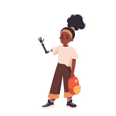 Afro american girl with prosthetic hand. Little smiling teenager kid cartoon character with bionic arm waving  isolated vector illustration. Inclusive children with disability. World disability day.
