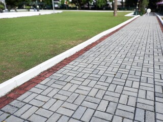 A straight brick path with a red border runs through a green park, creating a sense of perspective and direction. The intricate paving stone pattern makes a great background for outdoor or landscaping