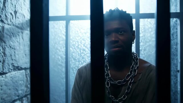 Person in jail, looking out a barred window