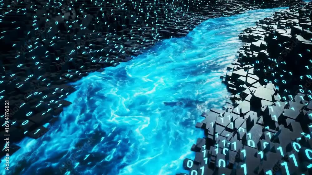 Poster abstract blue binary code river, data stream, technology background concept. cyber security, big dat