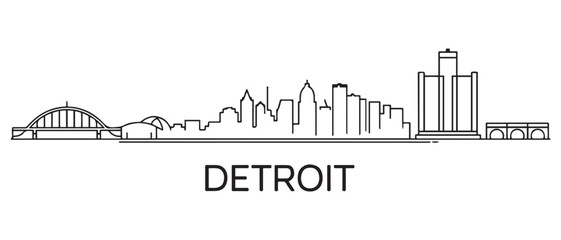 Obraz premium Detroit City Line Art skyline horizontal banner. Detroit City, Michigan. Vector template for your design. with white background
