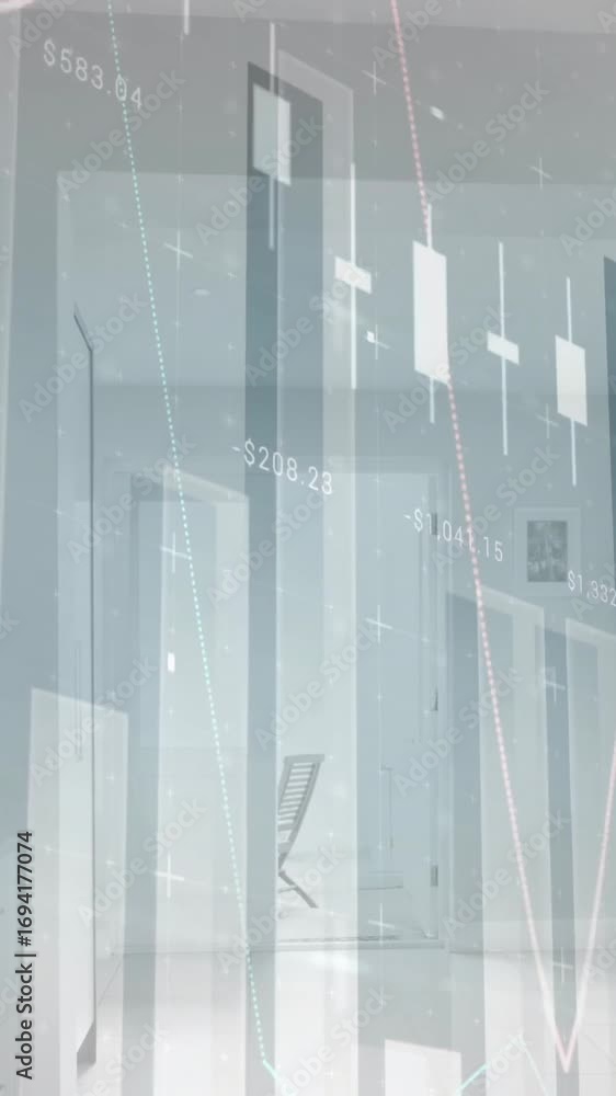 Poster animation of financial data processing over empty room