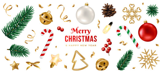 Merry Christmas decorations 3d icons set. Vector illustration. Winter realistic decor elements. Holiday poster banner. Xmas pattern gift card. Gold snowflake, red bauble toy, fir tree branch, confetti