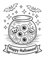 Spooky Halloween Coloring Book Pages For Kids-Adults,  Vectors Illustration, Line Art, Black & White Designs, Bold-Easy, A4 Size 8.5x11