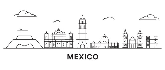 Obraz premium Mexico Line Art skyline. Travel Mexico famous landmarks. Business and tourism concept for presentation, banner, web site. with white background