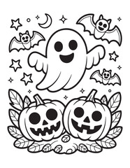 Spooky Halloween Coloring Book Pages For Kids-Adults,  Vectors Illustration, Line Art, Black & White Designs, Bold-Easy, A4 Size 8.5x11