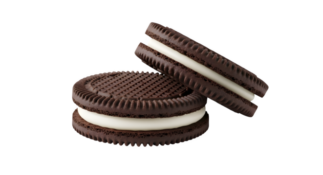 Two chocolate sandwich cookies with cream filling isolated on transparent background, a sweet treat for dessert or snack time indulgence