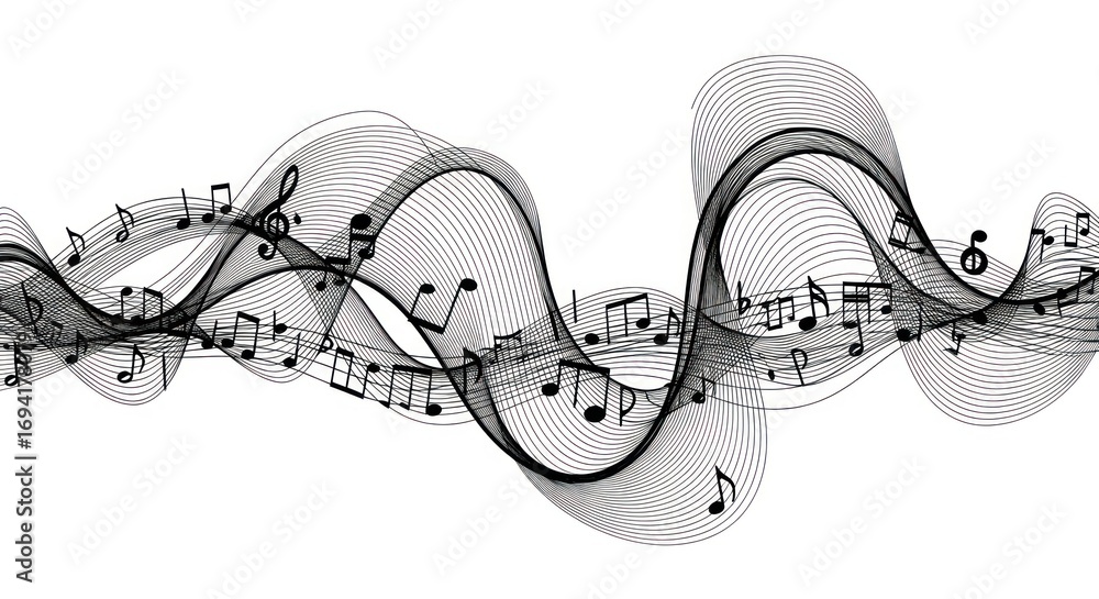 Poster Dynamic musical flow with delicate black lines and floating notes on white background