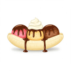 Delicious ice cream sundae banana split with chocolate sauce and whipped cream