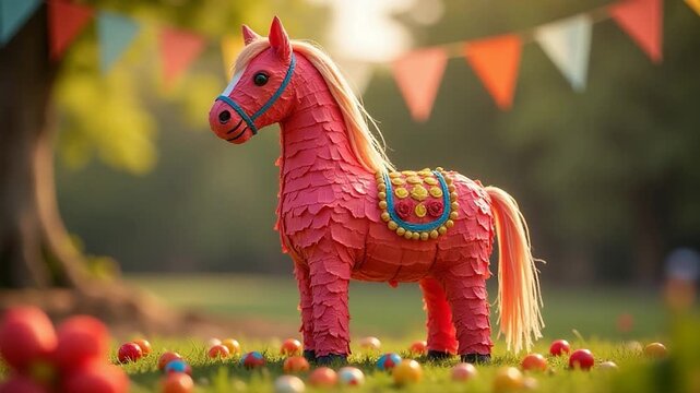 A colorful pinata horse standing amidst a field of eggs, great for Easter or spring-themed designs