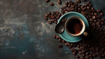 Naklejka premium Aromatic espresso in a teal cup on a dark textured surface