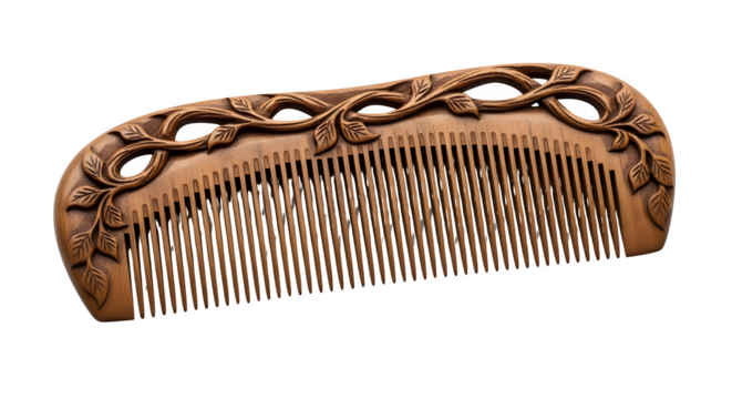 Hand carved wooden comb isolated on transparent background, a beautiful and intricate hair accessory with delicate floral and leaf designs for styling