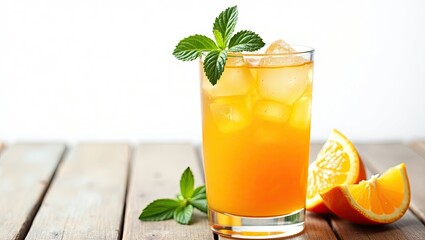 Fototapeta premium Refreshing orange juice with ice, mint garnish, and fresh orange slices on a rustic wooden table, perfect for a summer beverage advertisement.