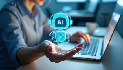 Exploring ai technology concept woman using laptop with ai robot hologram display