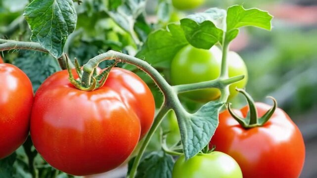 Fresh tomatoes ripening on the vine in the garden