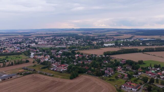The city of Svitavy is a significant city in the Pardubice region. Drone view of houses and surroundings