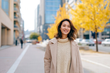 Fototapeta premium 秋の街並みを歩く笑顔の若い日本人女性のポートレート