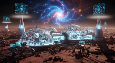 Future mars colony with robotic exploration vehicles