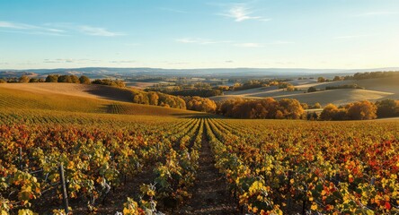 Autumnal vineyard vista with rows of colorful vines under a blue sky