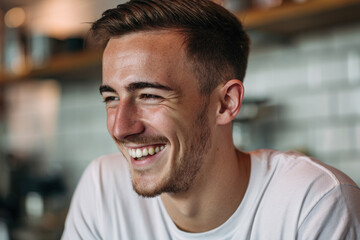 Obraz premium young man laughing joyfully in cafe with friends essence of fun and camaraderie