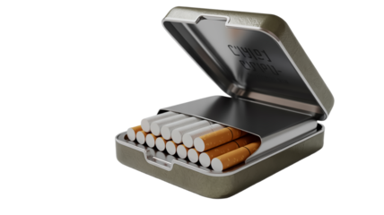 A 3D rendered image of an open metal cigarette case on a transparent  background.