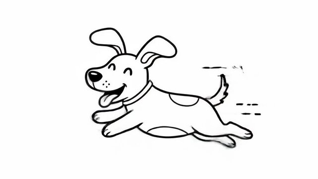 A black and white cartoon dog, outlined, running, with tongue out and tail wagging, on a white background, motion lines present