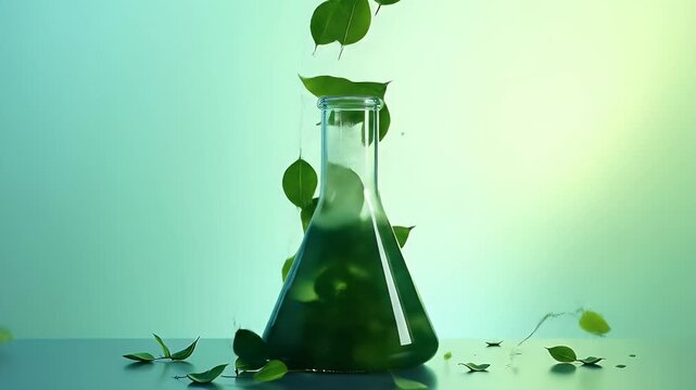Glass beaker filled with clear ethanol liquid, green energy icons floating, futuristic clean fuel background, renewable energy illustration