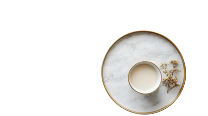 Elegant and modern minimalist flat lay arrangement featuring a marble and gold tray isolated on a transparent background