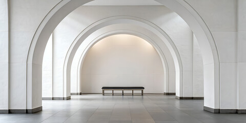 Fototapeta premium Modern minimalist interior with white arch and bench in elegant cozy neutral home decor design 