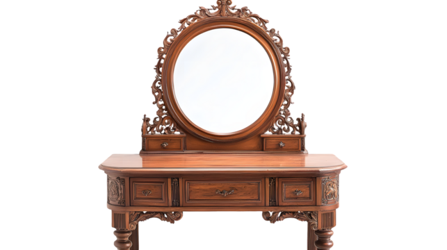 Elegant and ornate antique wooden vanity with a decorative mirror perfect for adding isolated on a transparent background