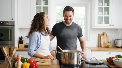 A couple enjoys cooking together in a modern kitchen embracing culinary creativity and shared moments of joy - Powered by Adobe