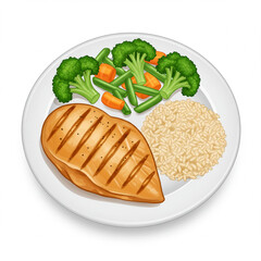 Healthy Grilled Chicken Breast Meal with Vegetables and Rice on a Plate