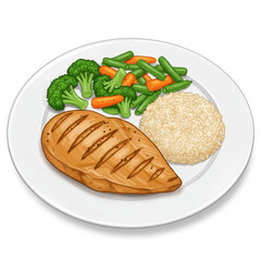 Grilled chicken breast with vegetables and rice healthy meal on a white plate