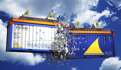 Crashing cargo containers with flags of Mercosur and Tokelau - 3D illustration