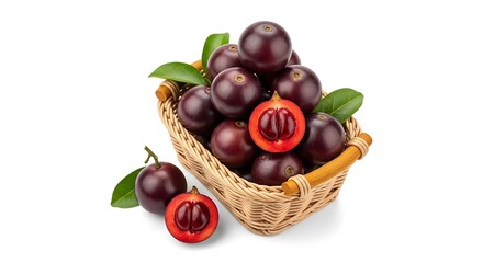 Jabuticaba Plinia cauliflora fruit in a woven basket, one cut open showing the red interior