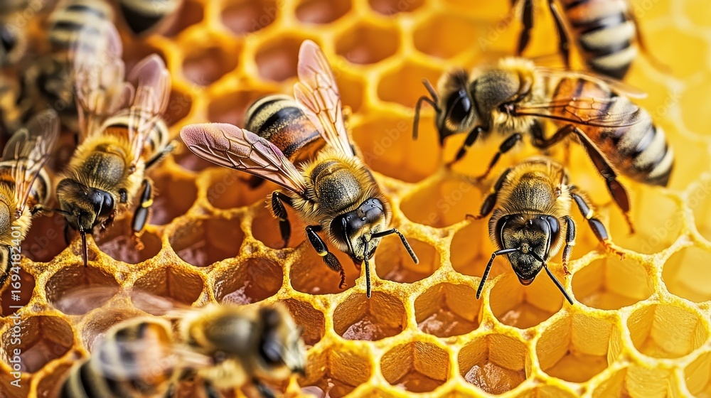 Poster busy apiary activity with close-up of honeycomb filled with bees and intricate wax cells in action