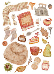 A charming digital watercolor collage featuring a collection of cozy autumn items, ideal for creating greetings cards, posters, and other seasonal projects.